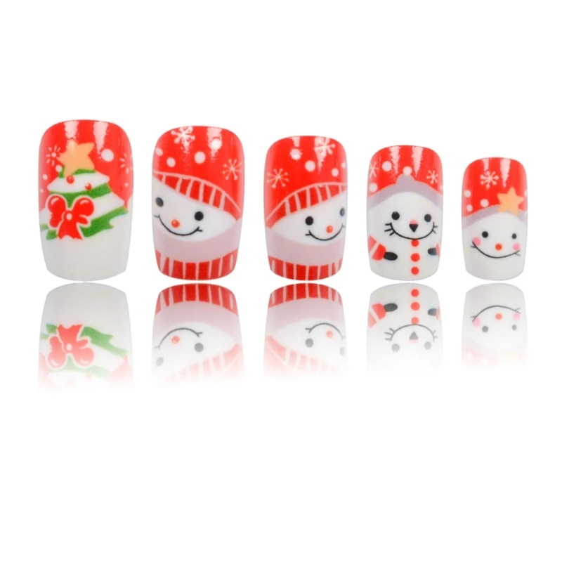 24 Pcs Snowman False Nails Christmas Full Cover on Nails Square Press On Nails Manicures Supplies for Winter