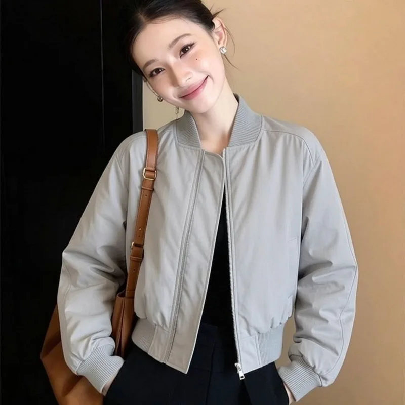 Women's Minimalist Casual Zip Up Baseball Bomber Jacket Cropped Long Sleeve 2026 Autumn Commute Workwear Slim Fit Bright Color