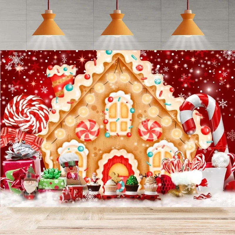 

Christmas Gingerbread House Photography Background Winter Merry Xmas Snow Scene Lollipop Candyland Party Backdrop Wall Banner