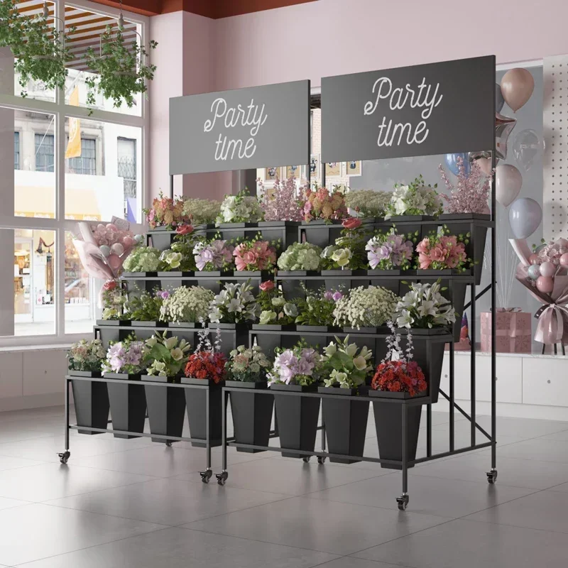 Movable Multi-layer Flower Shop Square Bucket with Advertising Board Ladder Wrought Iron Flower Shelf Bucket Display Shelf