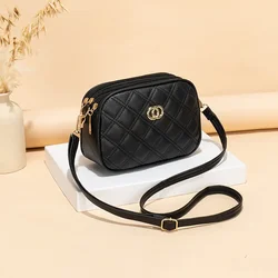 Large Capacity Three Zipper Crossbody Bag, New Fashionable and Simple Diamond Shaped Wave Embroidered Monochrome Camera Bag