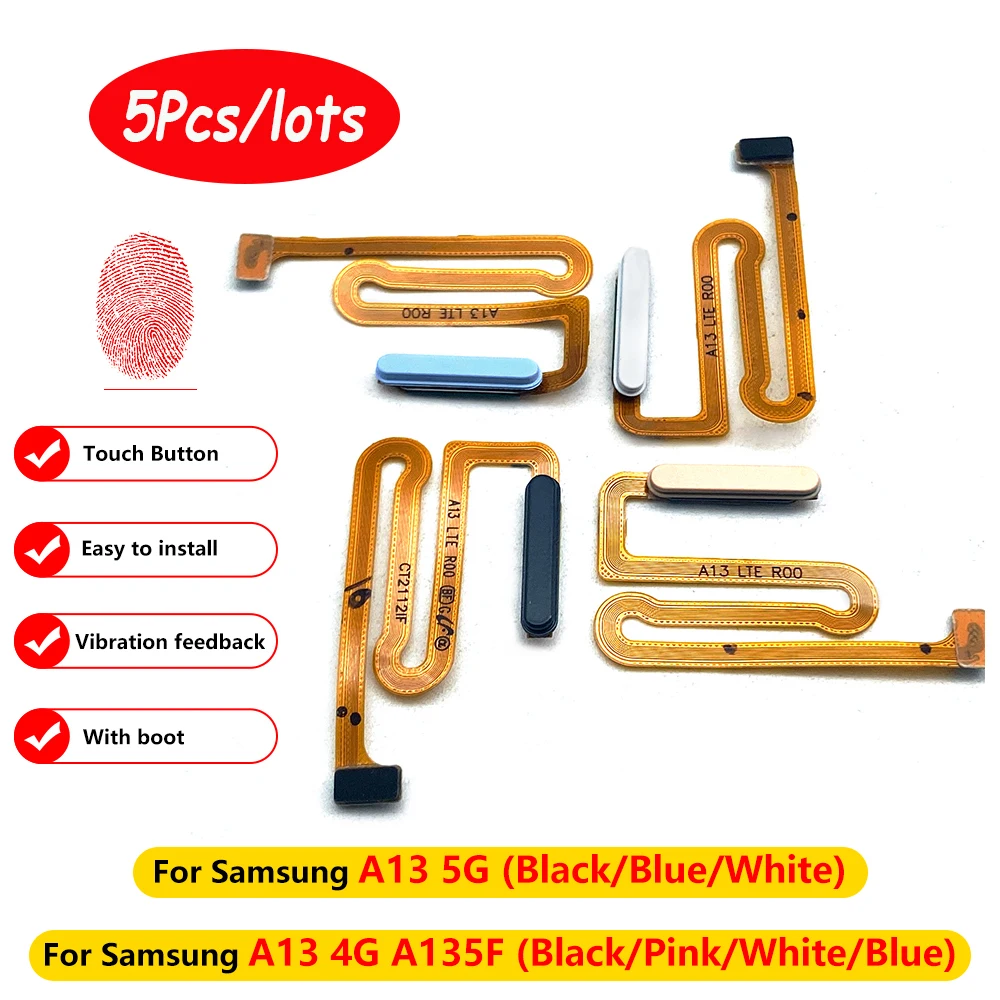 5Pcs，Home Button Flex Cable For Samsung A13 4G 5G A135F A136F Fingerprint with Power Button Touch Sensor Flex Ribbon