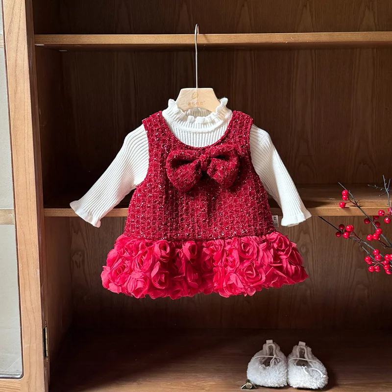 

Baby Clothes Winter Girl Baby Padded Dress Set Thickened New Year One-Year-Old Winter Princess Dress Two-Piece Set