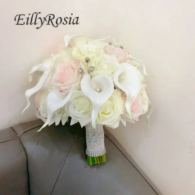EillyRosia ريال اللمس الأبيض والوردي باقة الزفاف للعروس كالا الزنابق الراين الورود رومانسية شريطة من الدانتيل الزهور وهمية