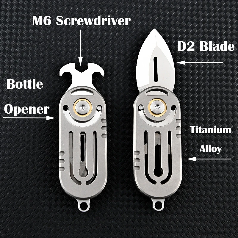 360° Rotating MINI Knife Titanium Alloy Handle D2 Blade Multifunctional Bottle Opener Screwdriver Outdoor EDC Self-defens Tool