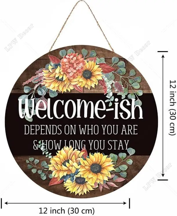 Welcome Sign Welcome-ish Front Door Sign Funny Wreaths Hanging Wooden Plaque Decoration Round Rustic Wood Farmhouse Porch Decor