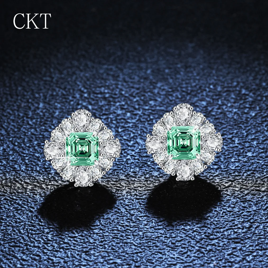 Earrings for Women Models Four Claw Earrings Emerald Square Pagoda Wedding Square Shaped Moissanite Diamonds Fine Jewelry