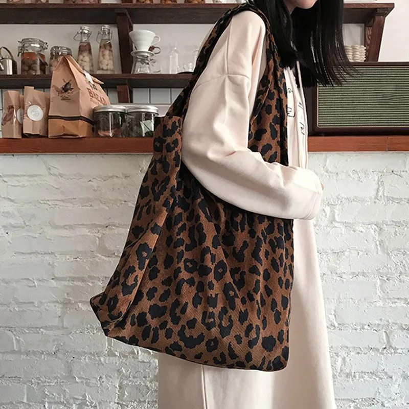 2024 Leopard Print Ladies Cloth Bag Women Shopping Tote Shopping Bags Foldable Eco Reusable Shoulder Shopper Bag Handbags