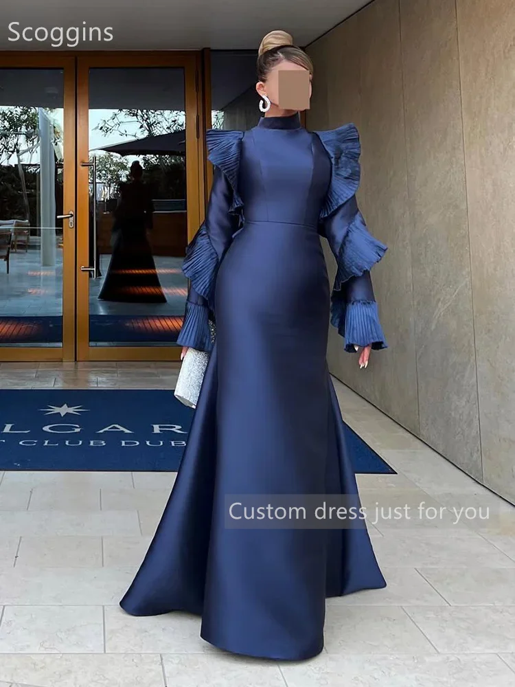 Scoggins فساتين سهرة Customize Evening Dress A-Line Scoop Neckline Floor-Length Zipper Up Long Sleeves Wedding Dress Cocktail