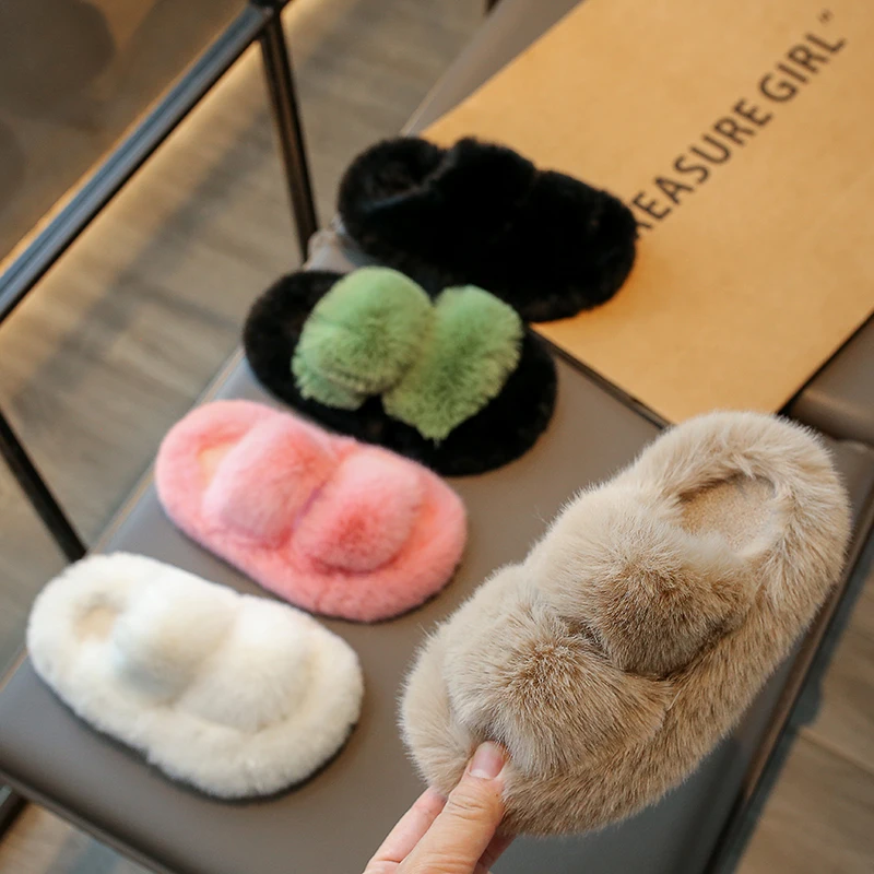 

Children Fashion Girls Slippers Plush Round-toe Versatile Soft Chic Elegant Kids Shoes Drop Shipping Open-toe 2023 New Winter