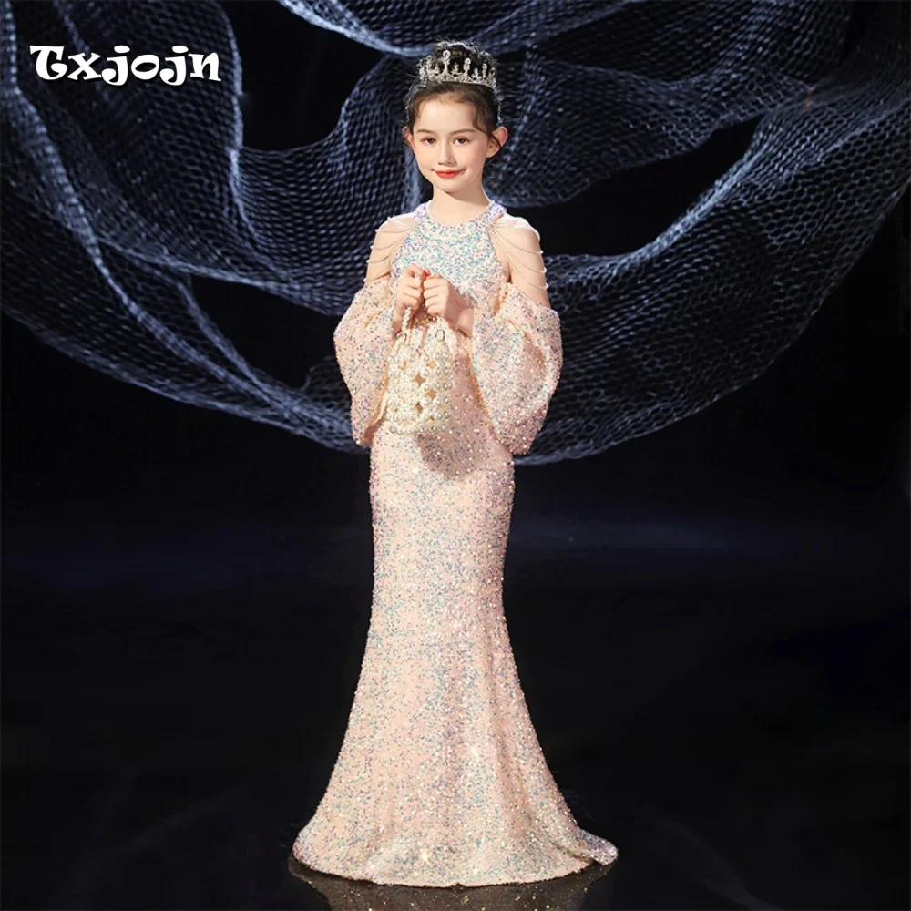 Formal Baby Girl Prom Dress Sequined Mermaid Princess Dress Toddler Teens Child Vestido Wedding Party Birthday Clothes 3-14Y