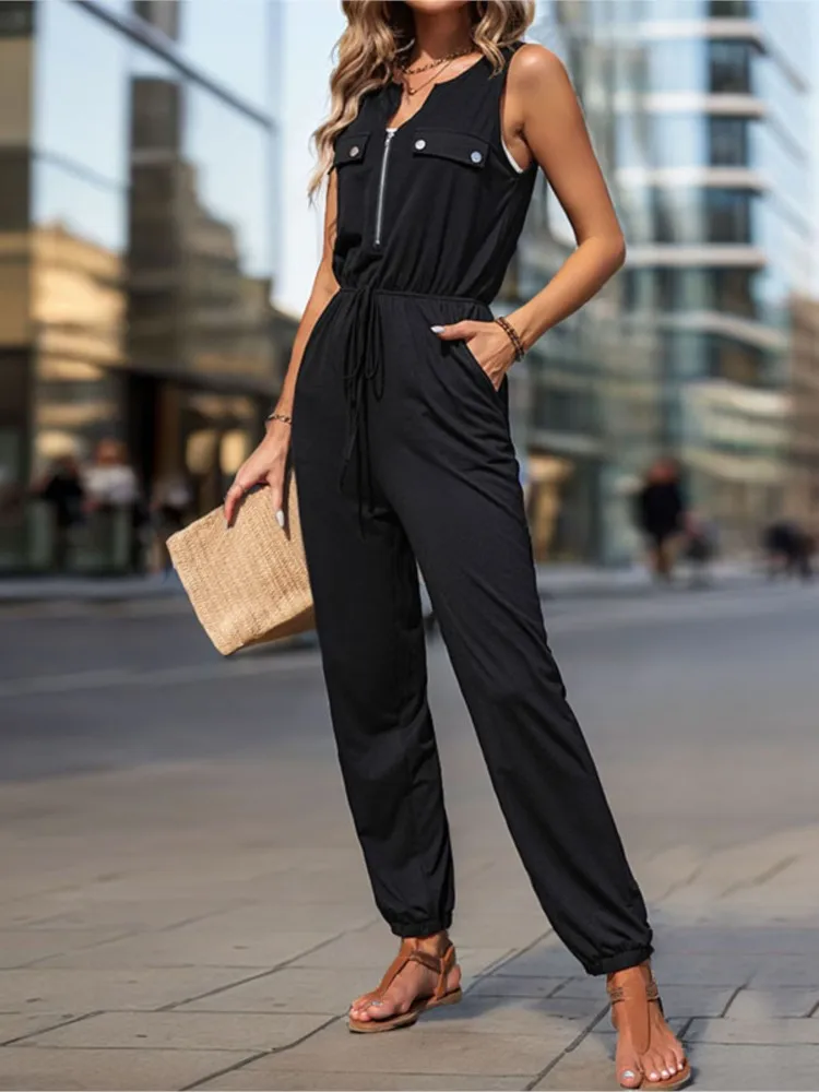 

Women Casual Sleeveless Jumpsuit Solid V-Neck Zipper High Waist Jumpsuits Lady Fashion Streetwear Sports Womens Clothing Summer