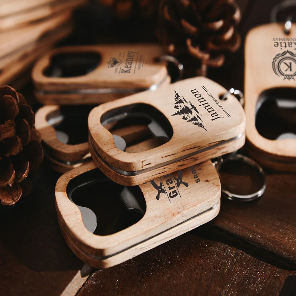 Personalized Hand Carved Wooden Keychain with Bottle Opener for Groomsmen Wedding Decoration  Party   Banquet  Camping  Favors