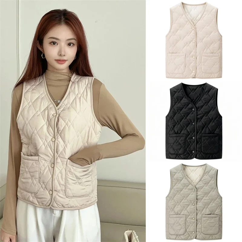 

Женский жилет, осень 2023, новый стиль, однотонный стеганый декоративный однобортный жилет без рукавов, повседневный модный теплый жилет