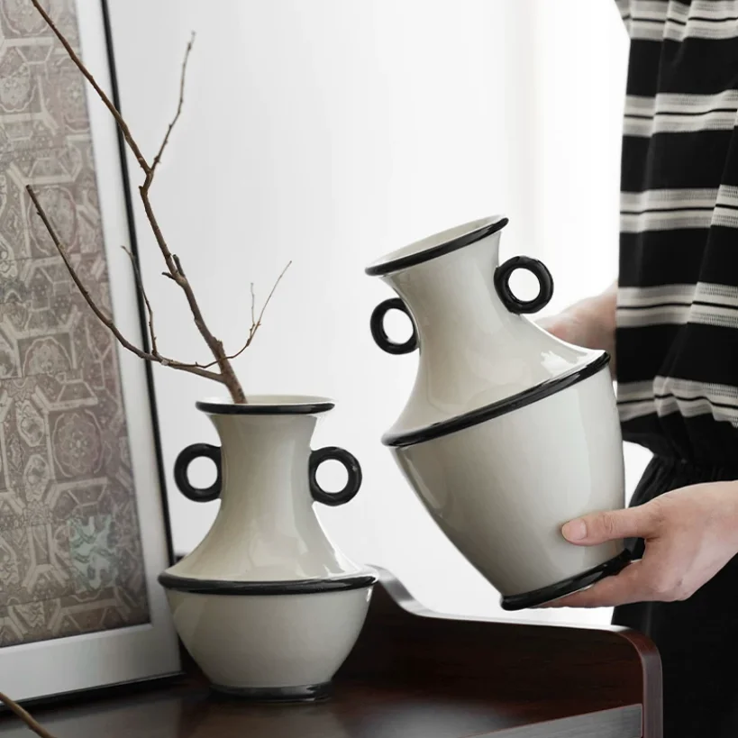 Black Polka Dot Ceramics Vase Plant Pots Table Decoration Flower Arrangement Black Spot Floral Vases Room Aesthetic Decor