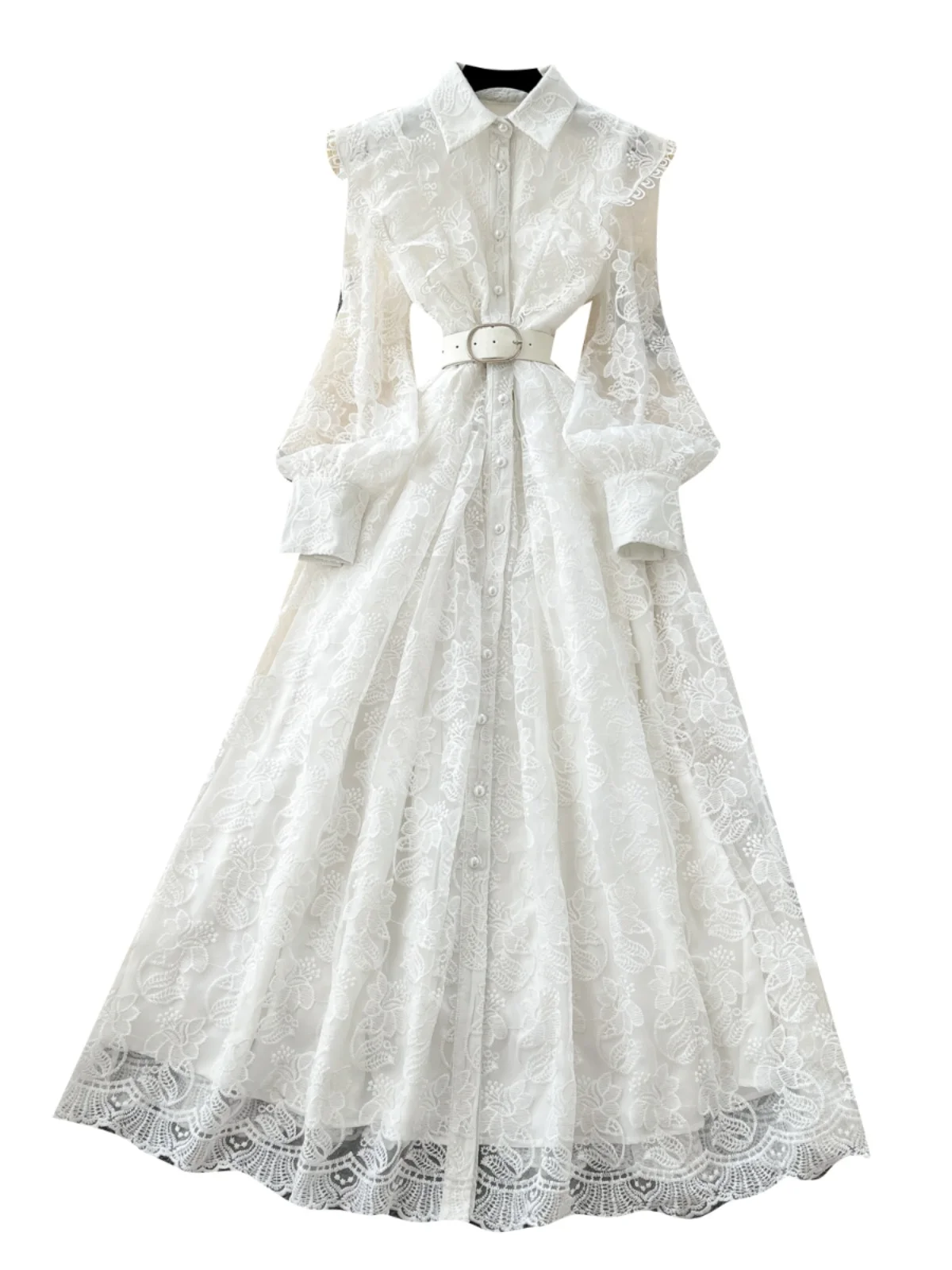 Długa spódnica damska z szyfonu z haftem, z wysokim stanem, w kształcie litery A, w stylu koreańskim, idealna do pracy, na wiosnę.