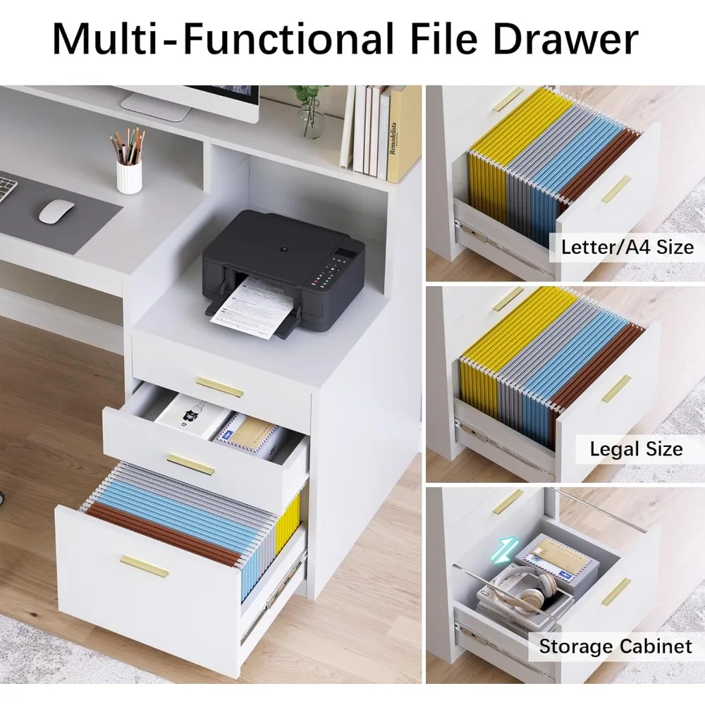 Computer Desk with 3 Drawer & Storage Shelves, Home Office Desk with File Drawer & Cabinet, Writing Study Table