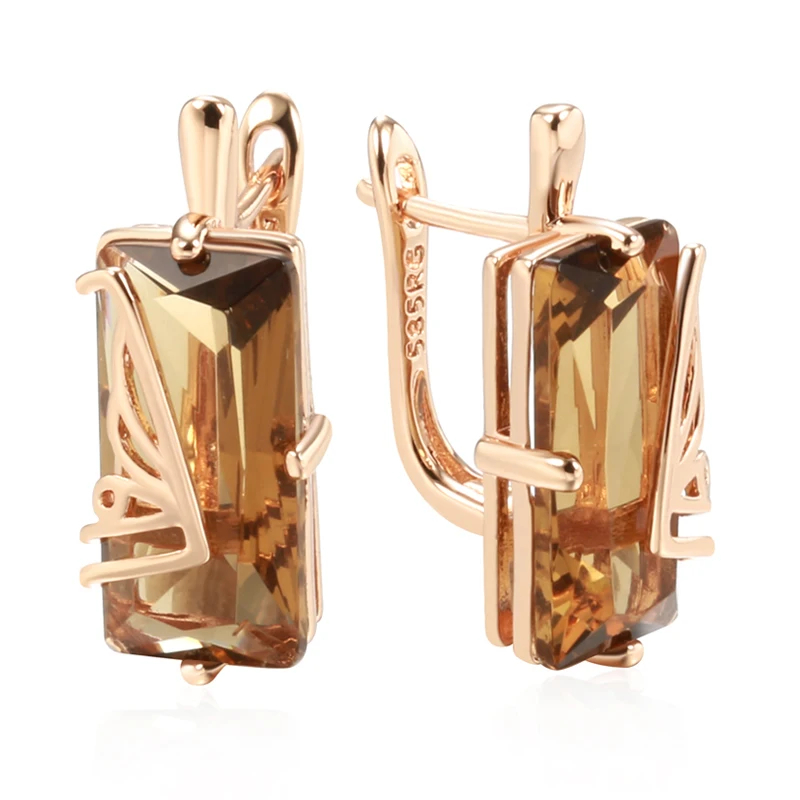 Kinel Fashion Light Brown Natural Zircon English Earrings for Women Simple Square 585 Rose Gold Color High Quality Daily Jewelry