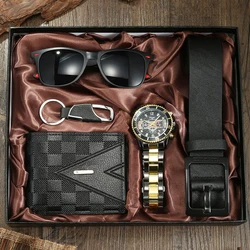 Men's Watch Gift set contains a stylish quartz watch, glasses, wallet, belt, key chain, gifts for friends