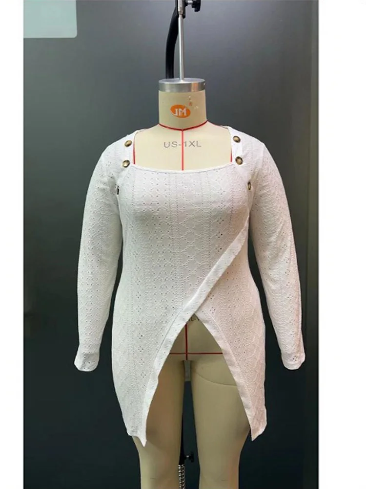 GIBSIE Plus Size White Square Neck Button Women Shirts 2024 Autumn New Hollow-out Long Sleeve Irregular Hem Tops And Blouses