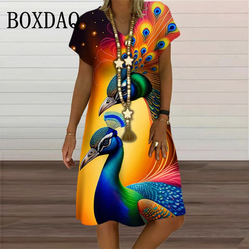 2024 Women's New Summer Pullover Ladies Dress 3D Peacock Print Party Casual Loose V-Neck Short Sleeve Fashion Plus Size Dresses