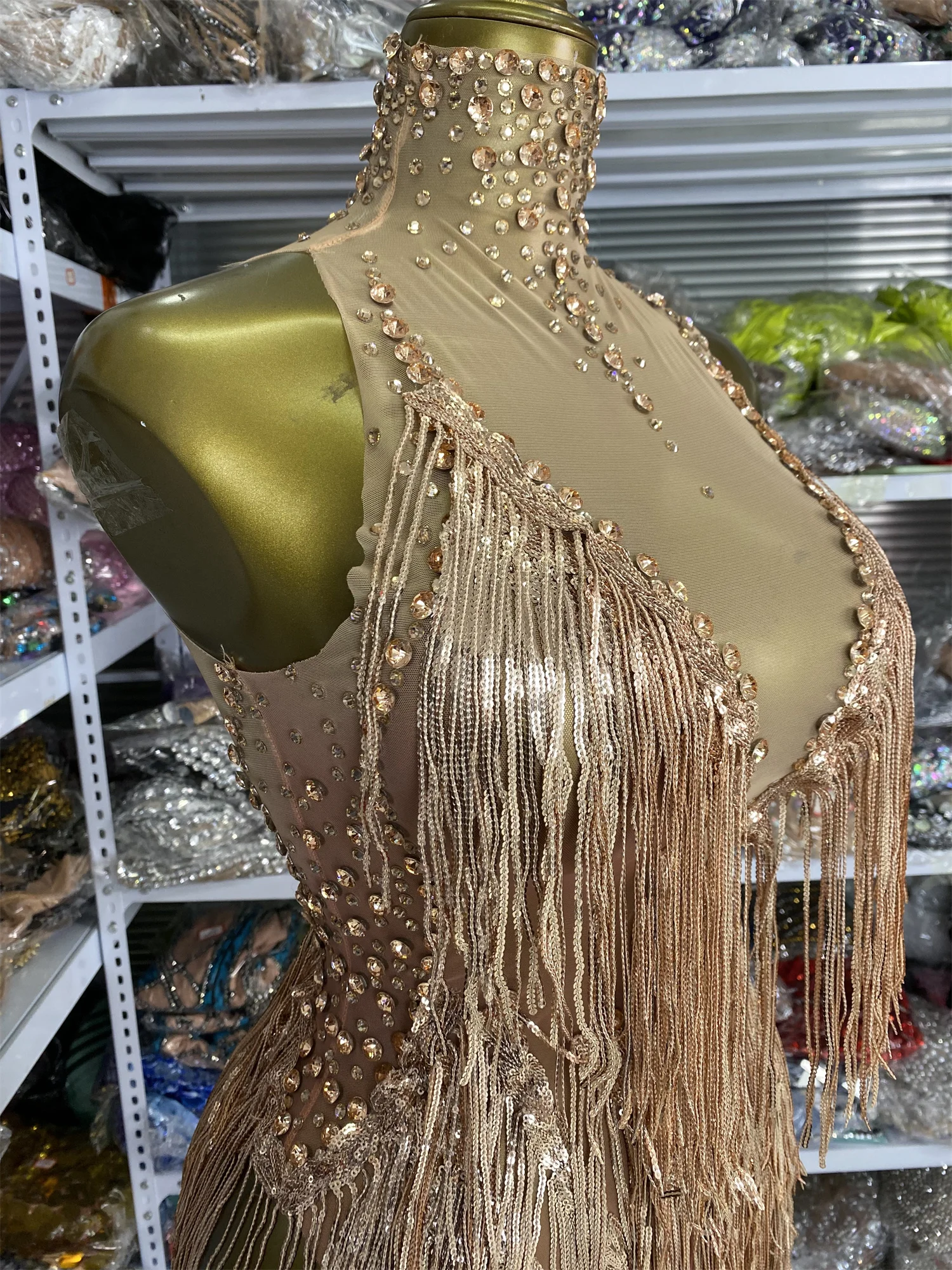 나이트클럽 드레스 여성용 반짝이는 라인스톤 태슬 메쉬 시스루 바디콘 미니 비대칭 드레스 이브닝 파티 무대 의상