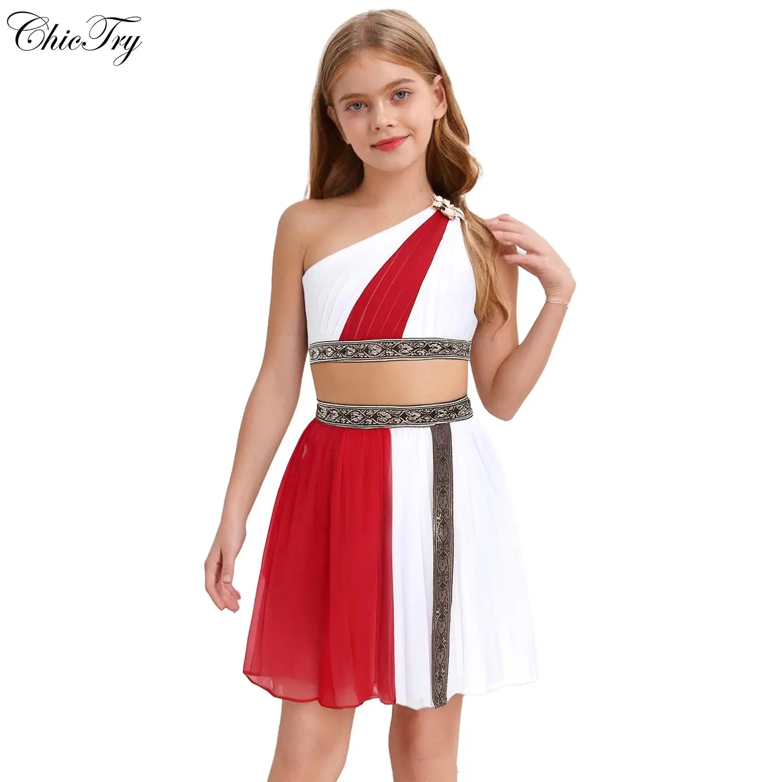 

Детский римский греческий костюм для девочек, металлический укороченный топ без рукавов с цветочным принтом на одно плечо и плиссированной юбкой для необычной тематической вечеринки на Хэллоуин