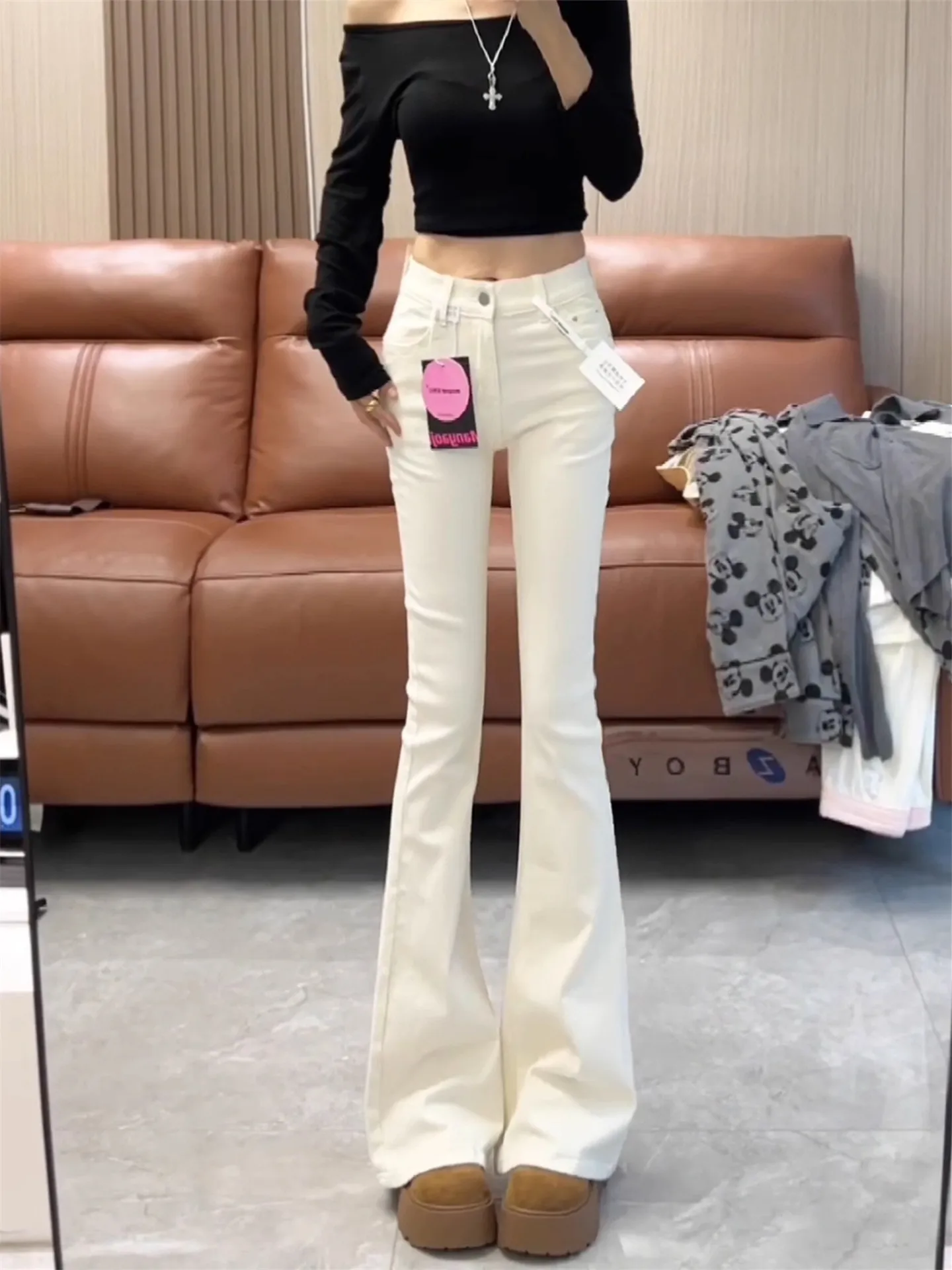 

High Waist Extended Length Bell Bottom Jeans Women's Autumn Winter Slim Fit Elastic Casual Cotton Jeans Ladies Premium