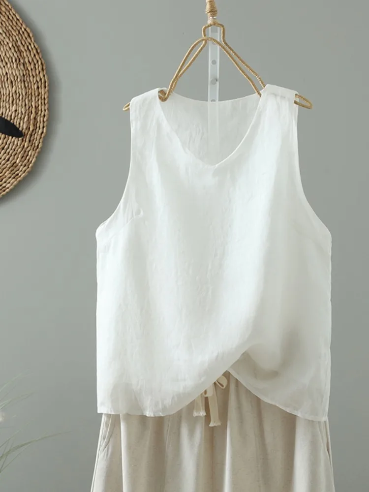 Gilet casual in cotone e lino da donna, base estiva sottile, materiale in lino irt, top in testa, colore artistico, semplice De...
