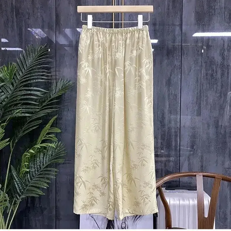 

Women High Street Fashion Casual Loose Elastic Waist Jacquard Weave Straight Pants Spring Summer Solid Color Wide Leg Trousers
