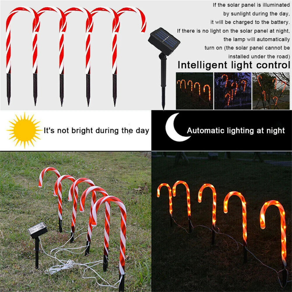 5PCS/Set Christmas Solar Candy Cane Lights With Stakes IP44 Waterproof 8 Lighting Modes Pathway Markers Lights