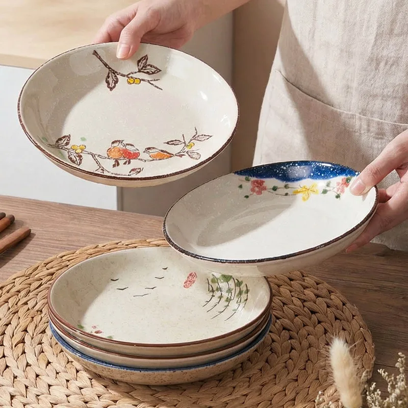 8 Inch Underglaze Ceramic Deep Plate, 1Pc Chinese Creative Dinner Dish, Microwave Dishwasher Safe for Vegetable Fish Fruit Snack