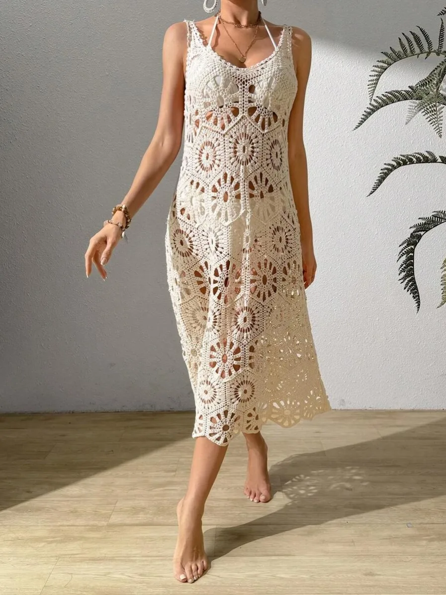 3D Flower Knitted Sling Long Dress Women Sexy Deep V-neck Backless Sleeveless Lace Up Femme Robes 2024 Summer Beach Dresses