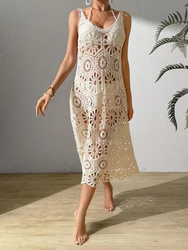 Imagen 2 del producto Vestido largo tejido con flores en 3D para mujer, vestido Sexy con escote en V profundo y espalda descubierta sin mangas con cordones, vestidos de playa para verano 2024