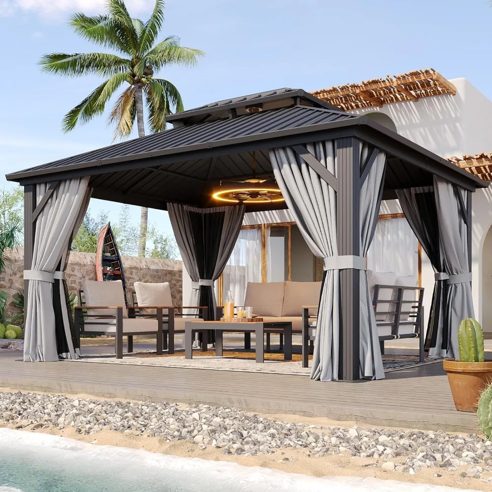 

Hardtop Gazebo 10x12, Aluminum Frame Canopy with Double Galvanized Steel Roof, Outdoor Gazebo with Breathable Netting and Priva