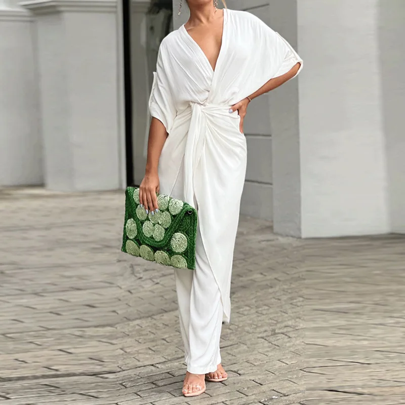 

Новинка лета 2024, Модный женский повседневный комплект на завязках с V-образным вырезом и длинными рукавами в стиле Instagram