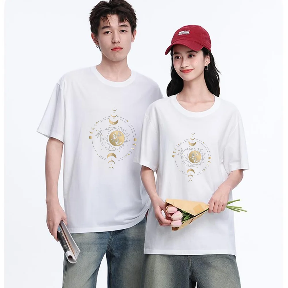 Golden Moon Phase Botanical Print T Shirt Breathable Fabric S-XXL Personalized Custom Casual Short Sleeve Tee Aesthetic Graphic