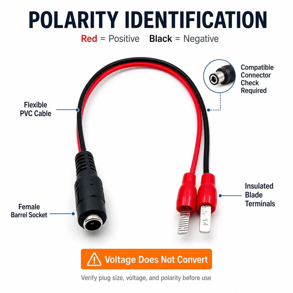 PVC DC Power Adapter Cable Female Barrel Socket Copper DC Socket Cable Insulated Blade Terminals Red Black Polarity