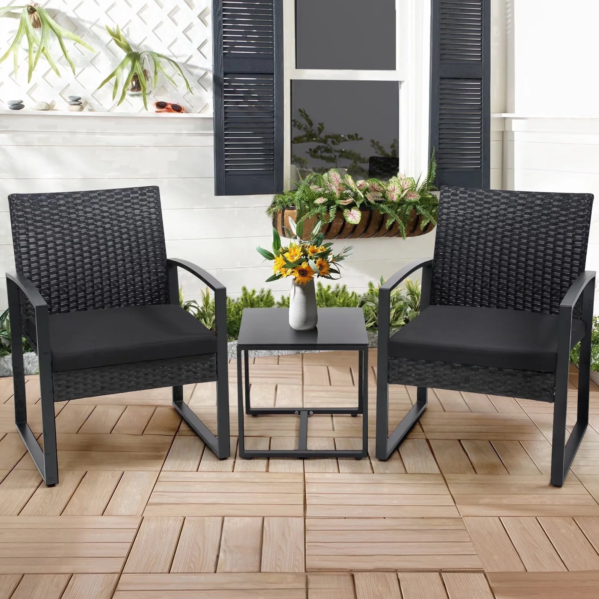 3 Pcs Outdoor Wicker Patio Bistro Set Conversation Furniture with Coffee Table Cushions for Garden Pool Balcony Backyard