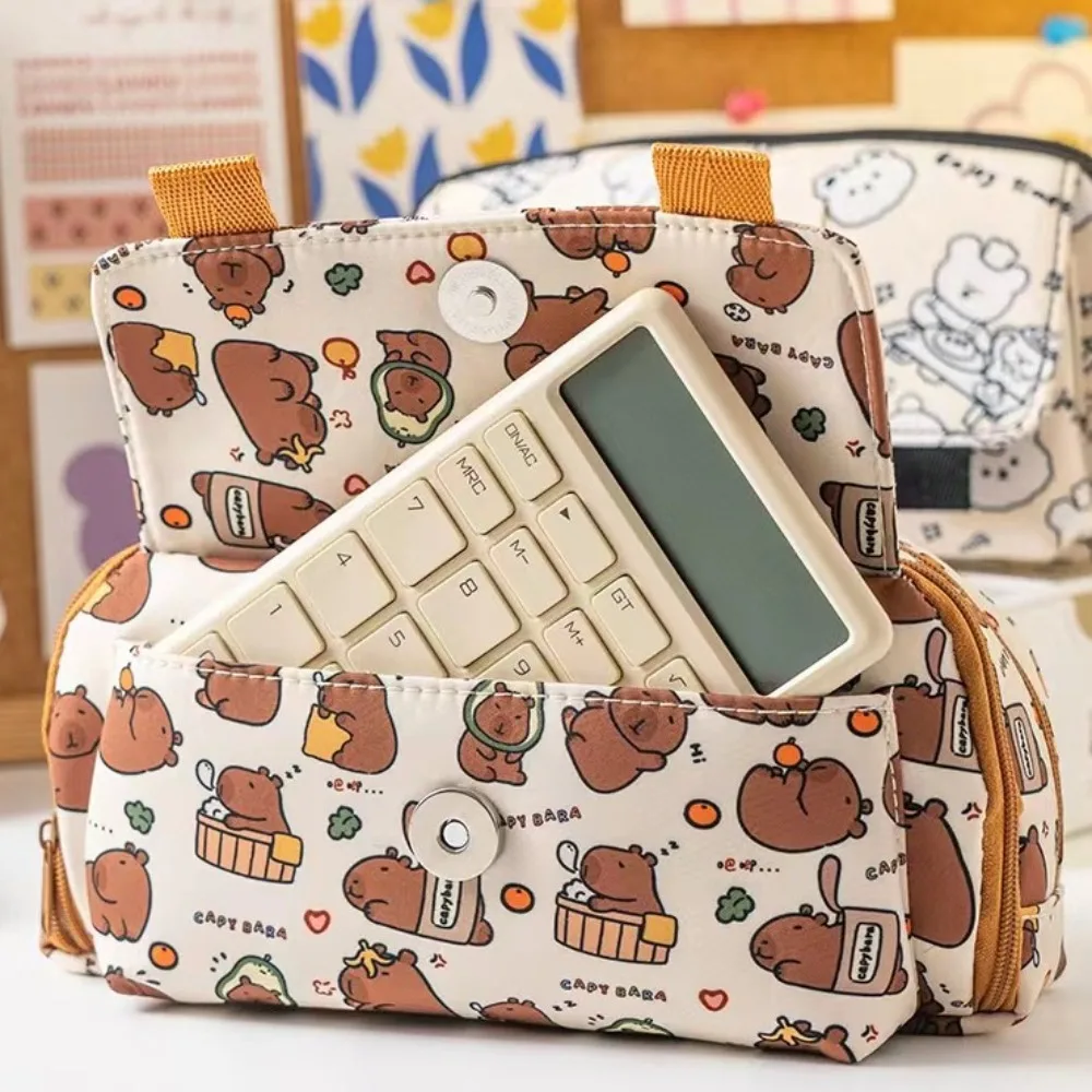 New Cartoon Capybara Stationery Bag Canvas Multi Layer Pencil Bag Large Capacity Cute Bear Dogs Pencil Case Student Accessories