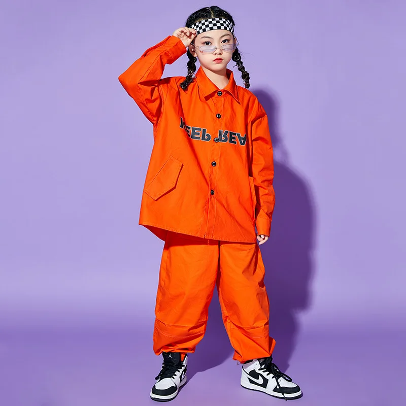女の子オレンジヒップホップ服プリントジャケットトップカーゴパンツ子供男の子ジャズダンス衣装服
