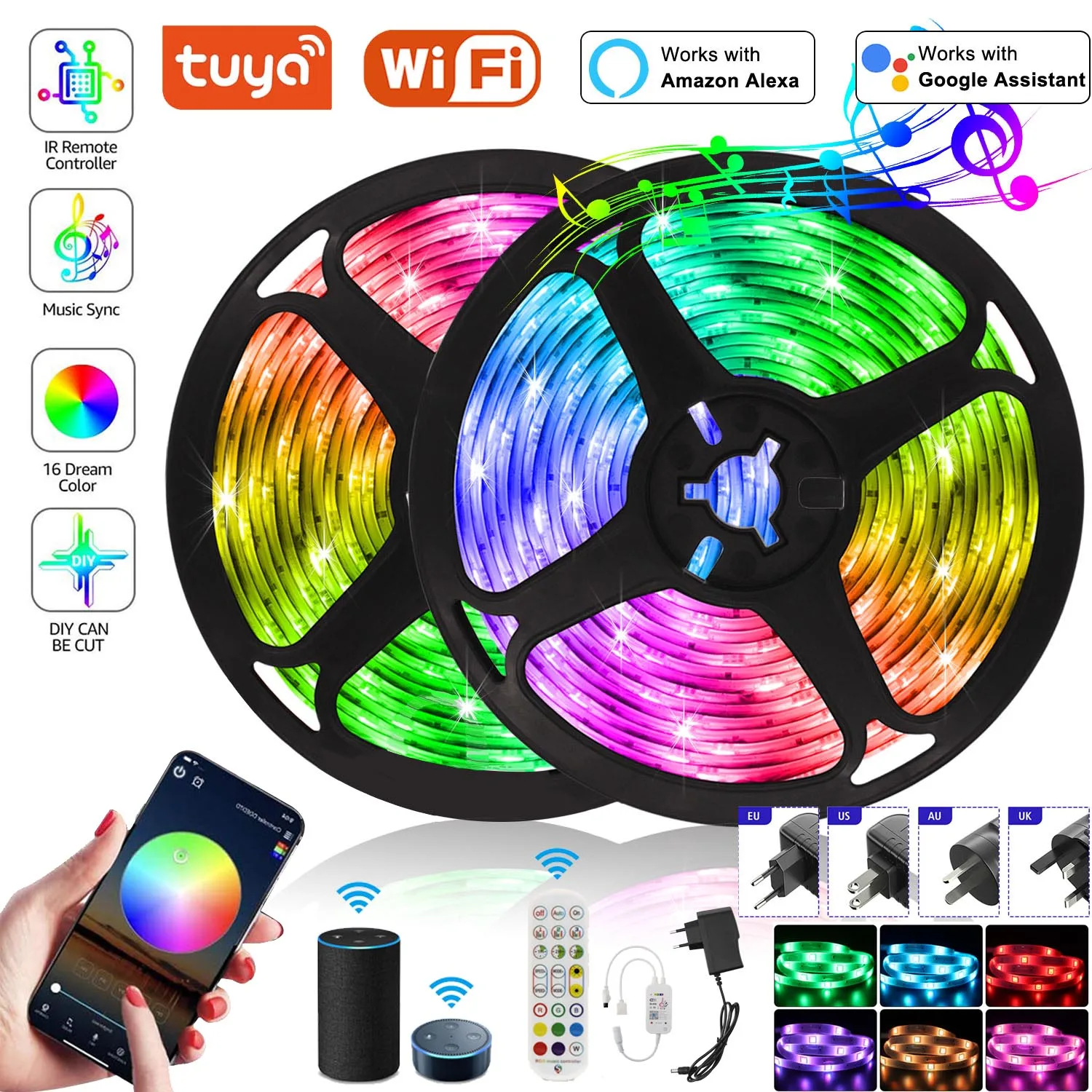 20M-5M Tuya Wifi LED Strip 12V Współpracuje z Alexa Google Assistant Bluetooth Control RGB 5050 Taśma Wstążka Neon Światło do pokoju