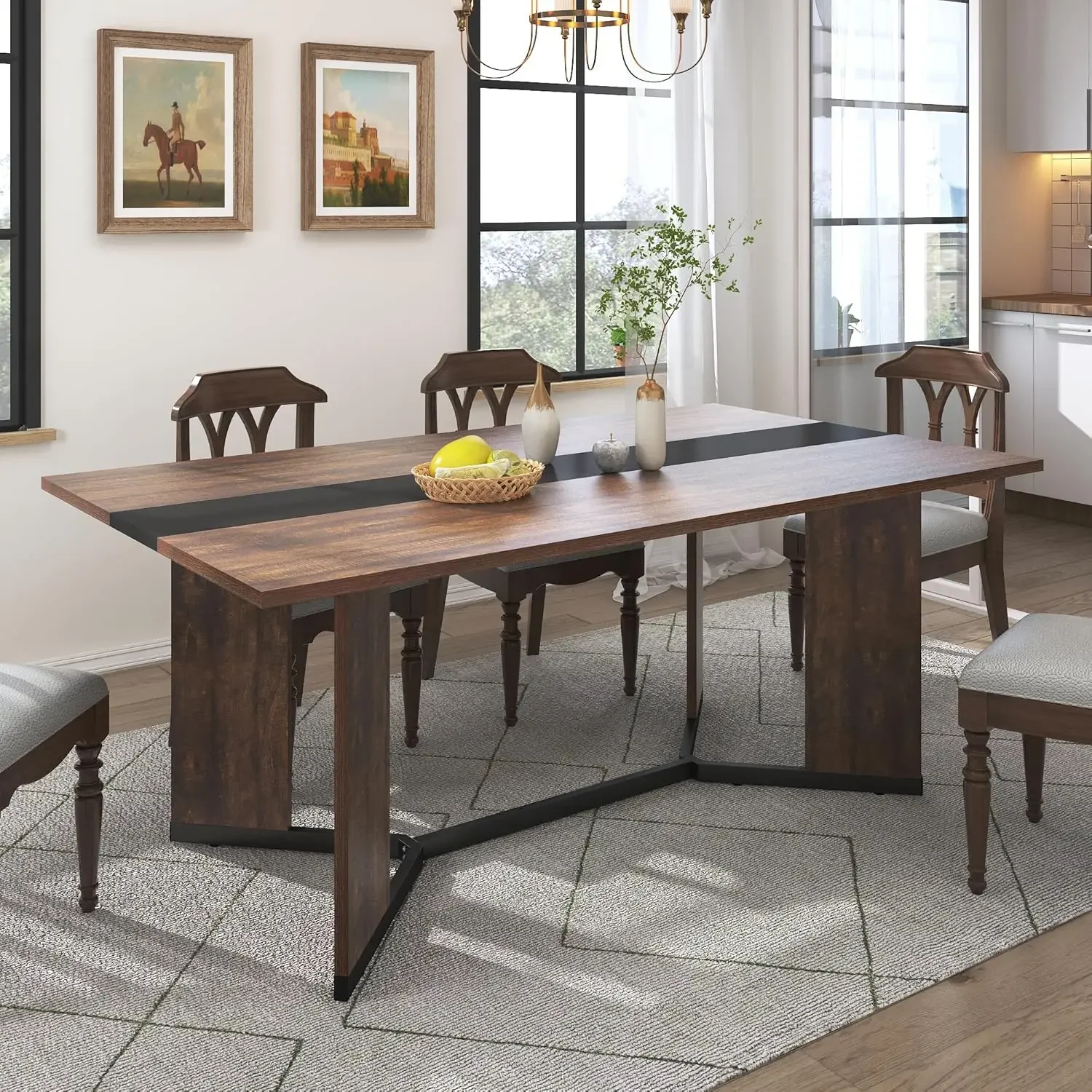 Large Rectangular Dining Table for 2 3 4 5 6 People w/Wood Brown Tabletop,Adjustable Leg.5.2 ft Luxurious Family