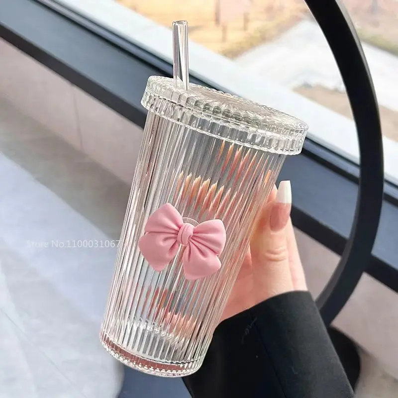 380ML Transparent Drinking Glasses with Pink Bow Stripe Glass Cup with Lid and Straw  for Juice Iced Coffee Water Cup Drinkware