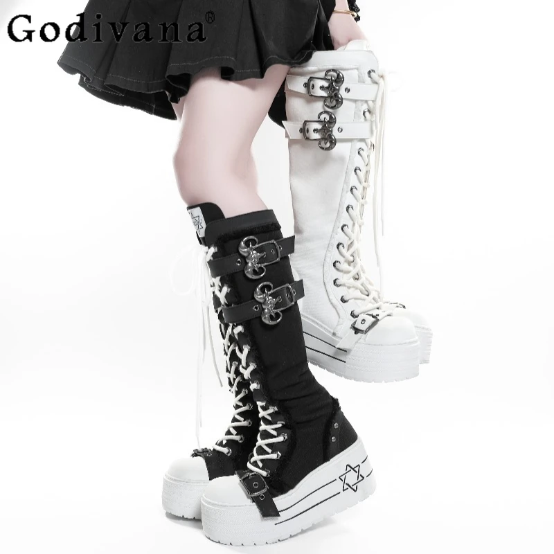 

Original Subculture Girls Knee High Shoes Women's Thick Soled Black White Canvas Long Boots Female Autumn Bandage Shoes