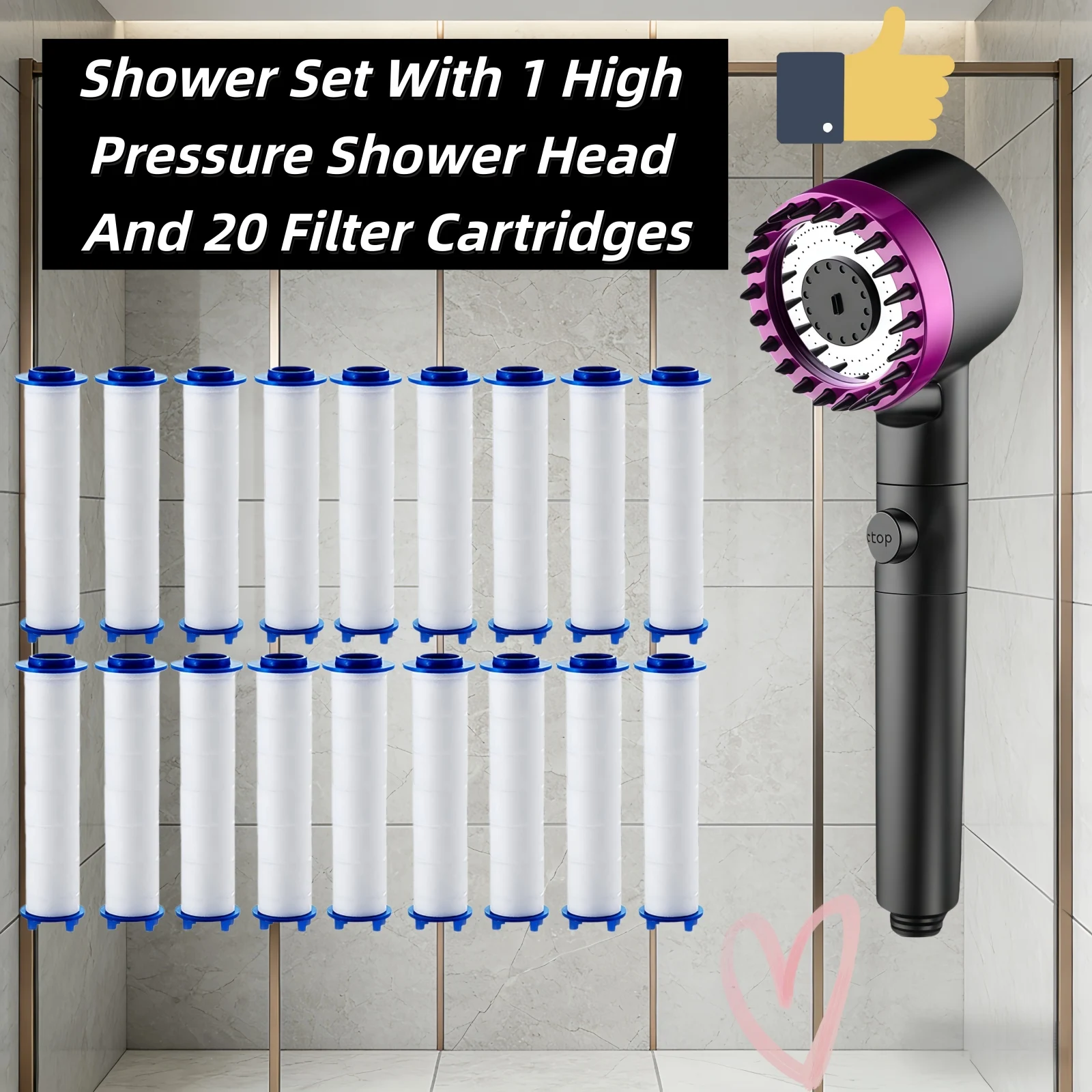 

Набор из 21 предмета: черно-фиолетовая душевая лейка высокого давления с 3 режимами, регулируемая, с функцией остановки воды одной кнопкой, для жесткой воды, с 20 фильтрами