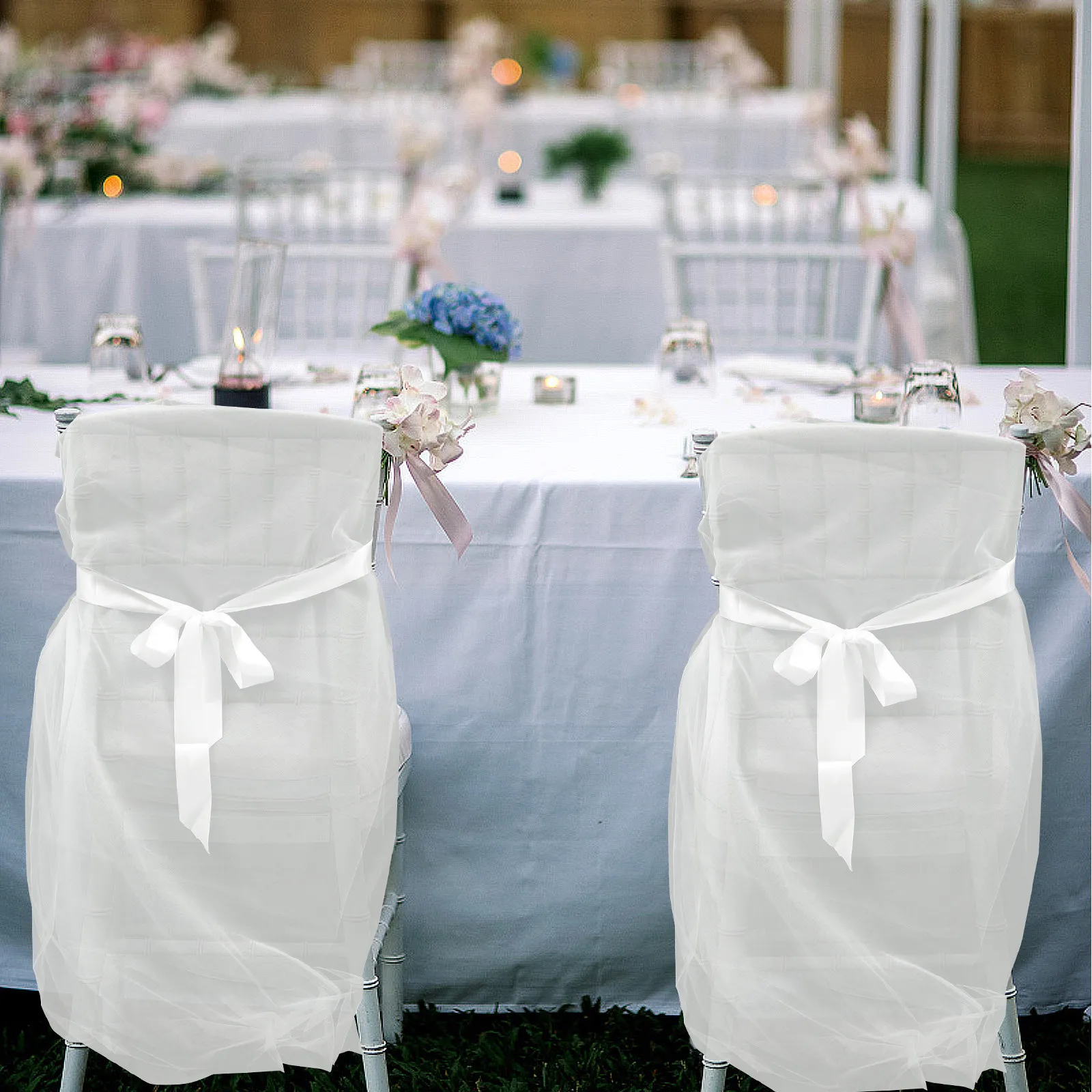 2Pcs Mesh Tulle Chair Covers Long Bow Ties Slipcovers for Wedding Bridal Shower Party Decoration White Tulle Chair Cover
