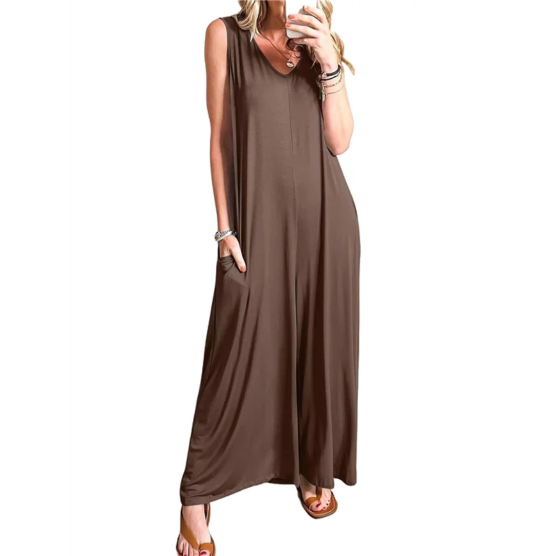 

A09P женские повседневные летние свободные комбинезоны без рукавов с V-образным вырезом, широкие длинные комбинезоны, мешковатый джемпер с карманами