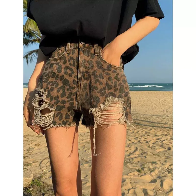 Women's Ripped Leopard Print Shorts Fashion Streetwear High Waist Tassel Mini Cowboy Shorts Jeans 2000s Y2k Summer Clothes 2024