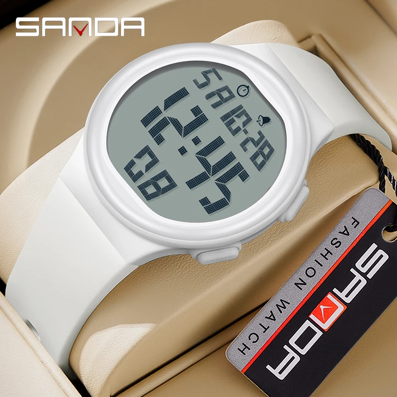 SANDA Trendy Fashion Men Electron Watch Soft TPU Strap Big Screen LED Digital Water Resistant Alarm Hand Clock Sports Stop Watch